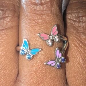 925 Sterling Silver Triple Butterfly Ring with Pink, Blue, and Purple Accents